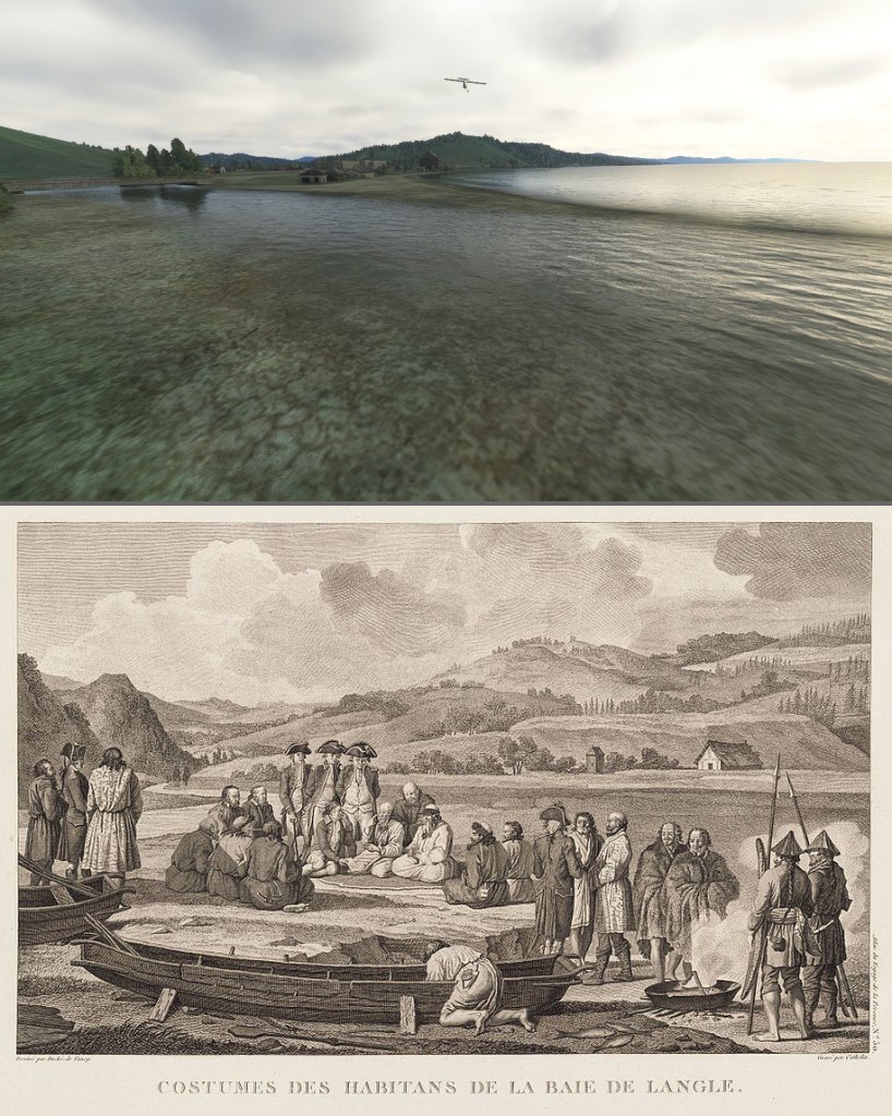 Image article, Survol du lieu probable de la baie de Langle et comparaison avec la gravure originale où se situe l
